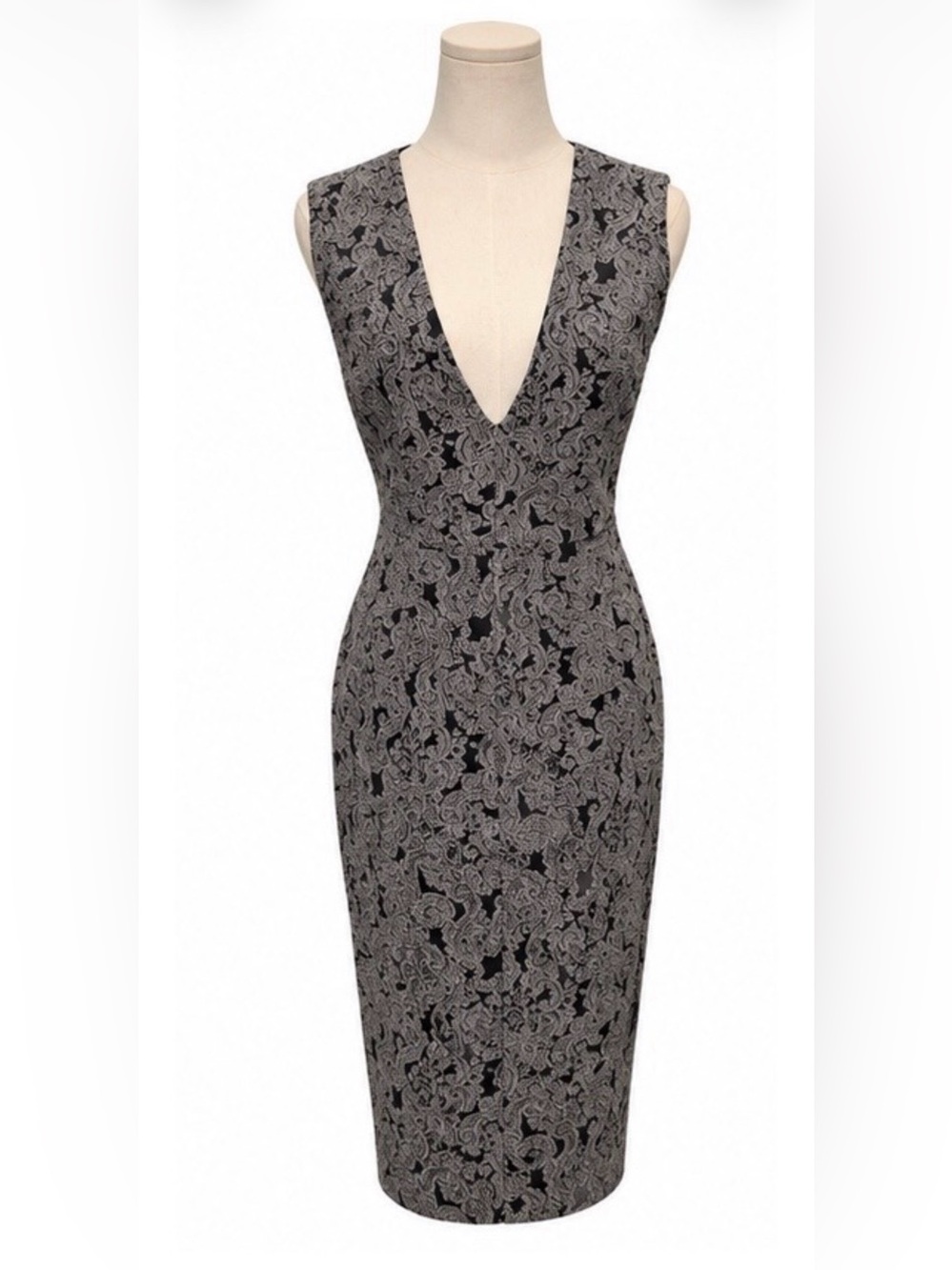Alice + Olivia Gray Black Brocade Lace V-Neck Sheath Dress Medium